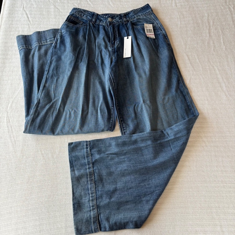 Habitual Pleated Wide Leg Denim Jeans Blue Size 6/28 HBM0236SB New